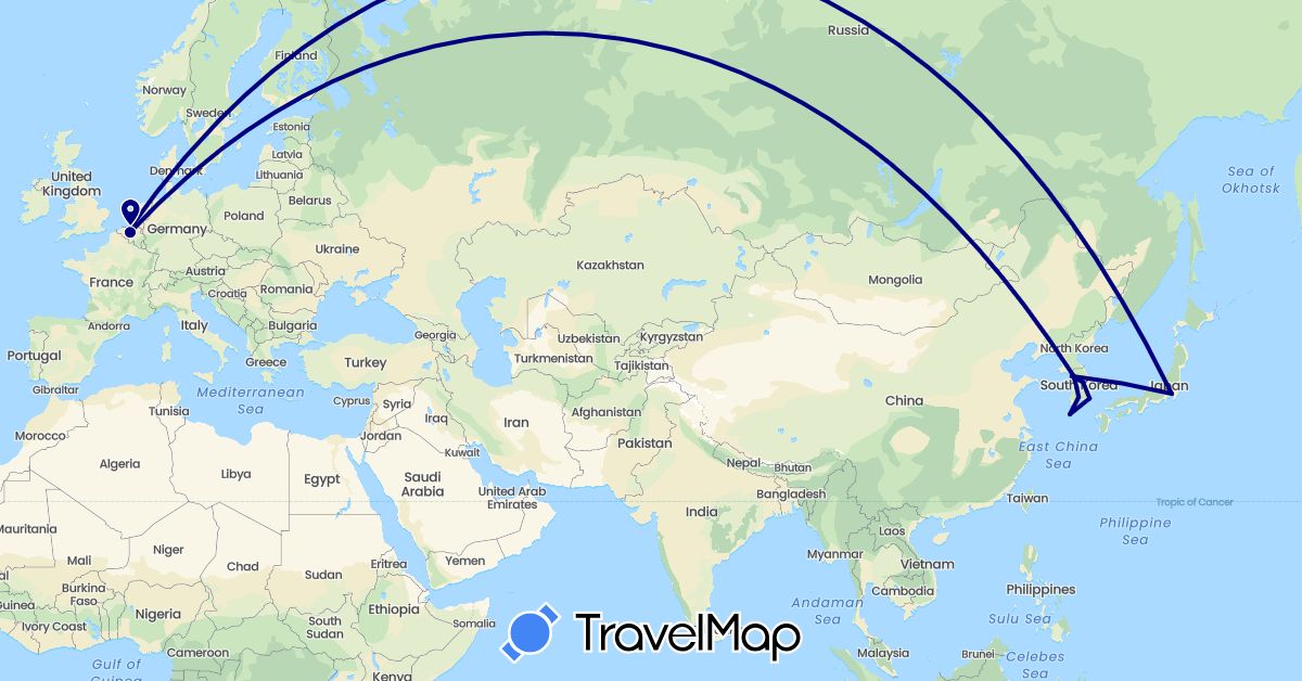 TravelMap itinerary: driving in Belgium, Japan, South Korea (Asia, Europe)